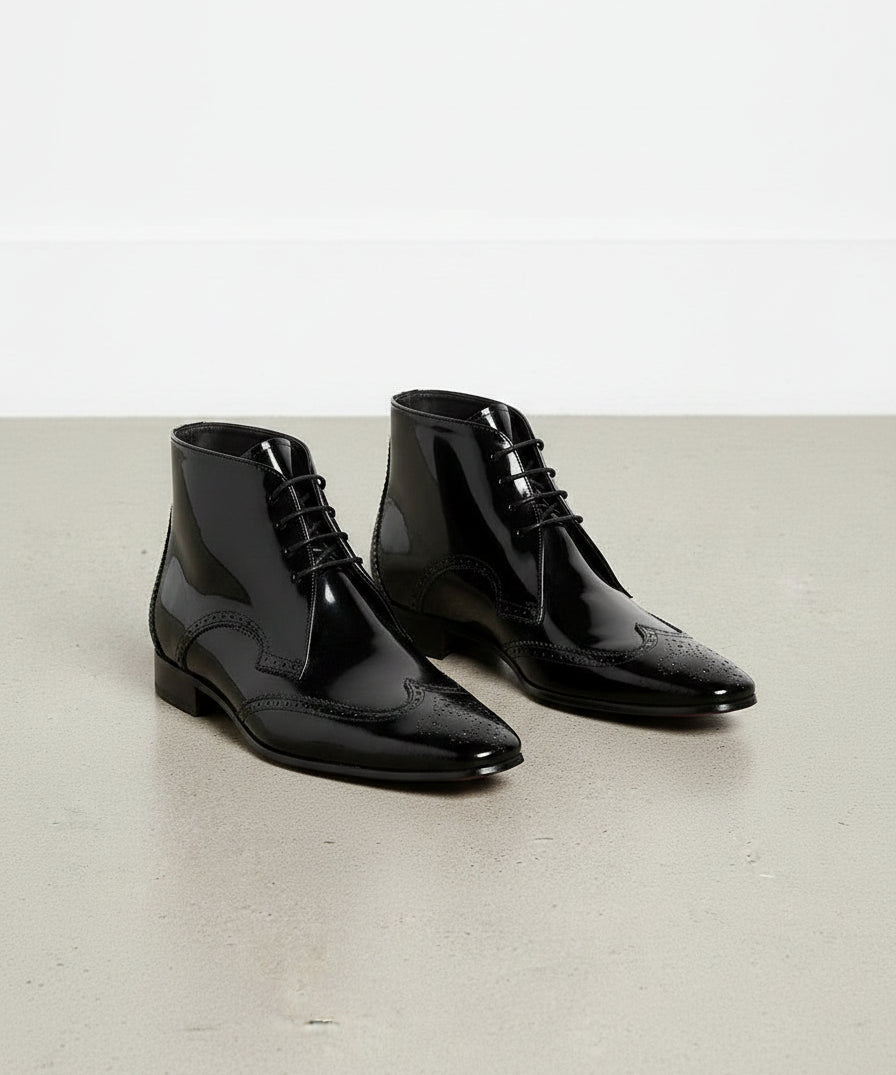 Handmade Men Wing Tip Brogue Patent Leather Lace Up Ankle Boots