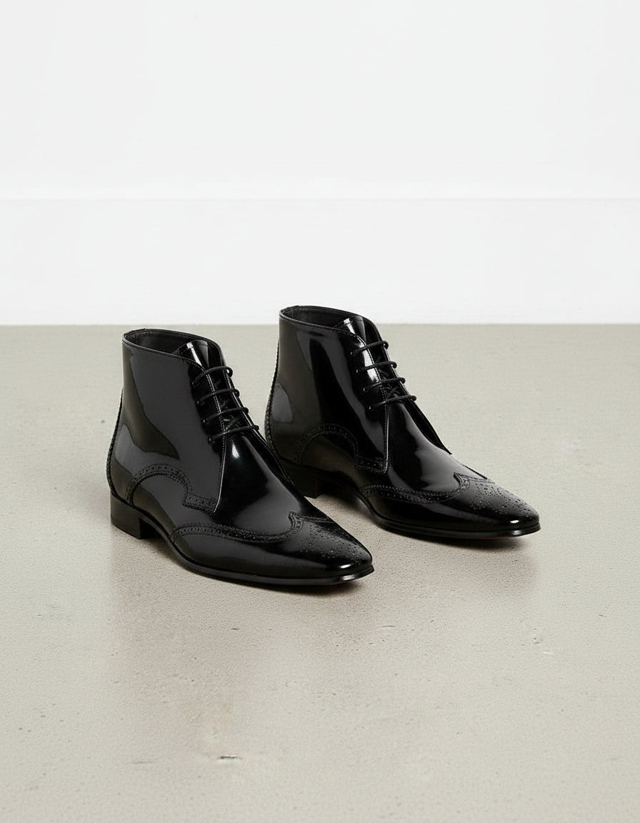 Handmade Men Wing Tip Brogue Patent Leather Lace Up Ankle Boots