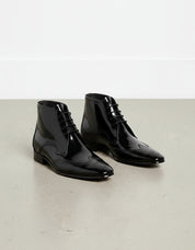 Handmade Men Wing Tip Brogue Patent Leather Lace Up Ankle Boots