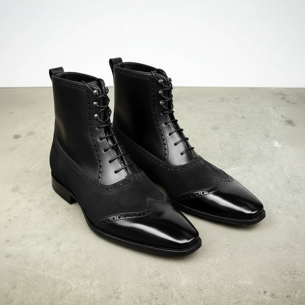 Handmade Men Wingtip Boots, Suede and Leather Ankle Boots