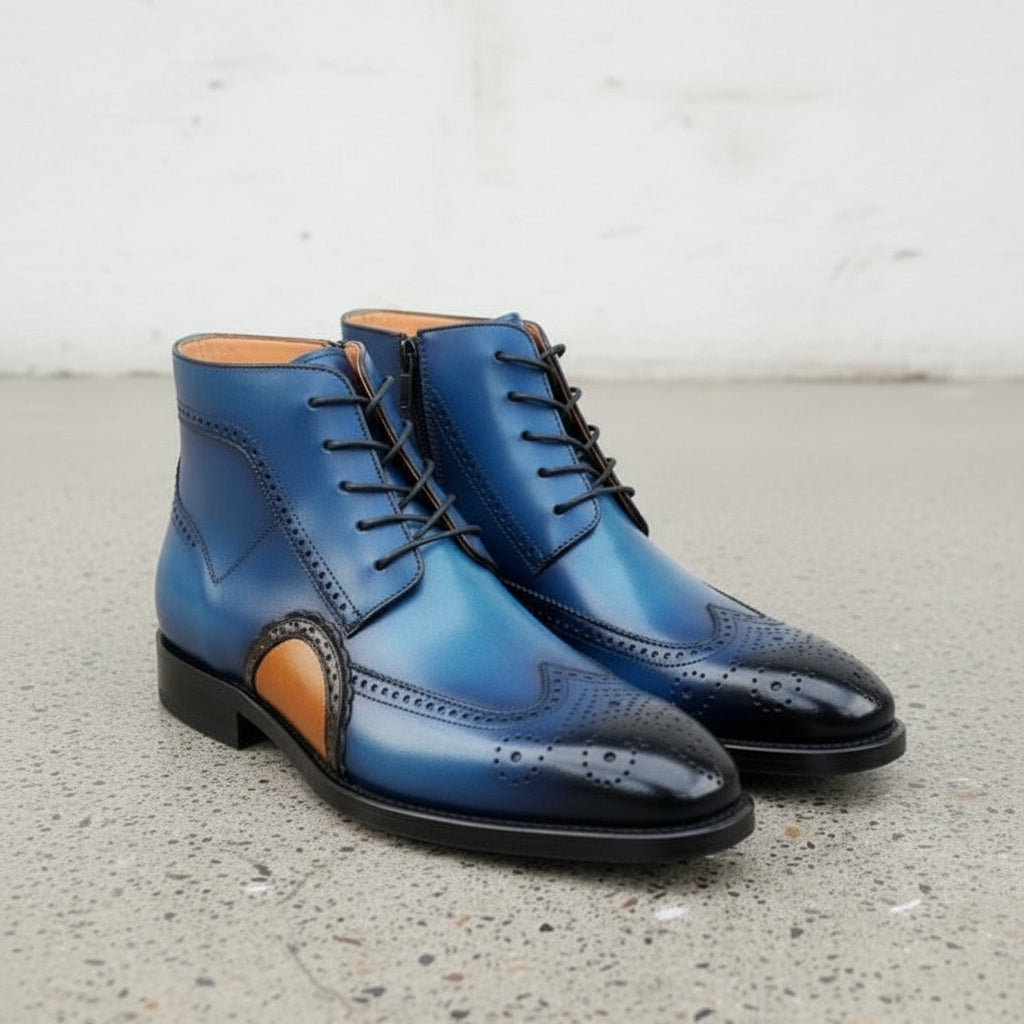 Handcrafted Men's Blue Wing Tip Brogue Leather Boots