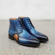 Handcrafted Men's Blue Wing Tip Brogue Leather Boots
