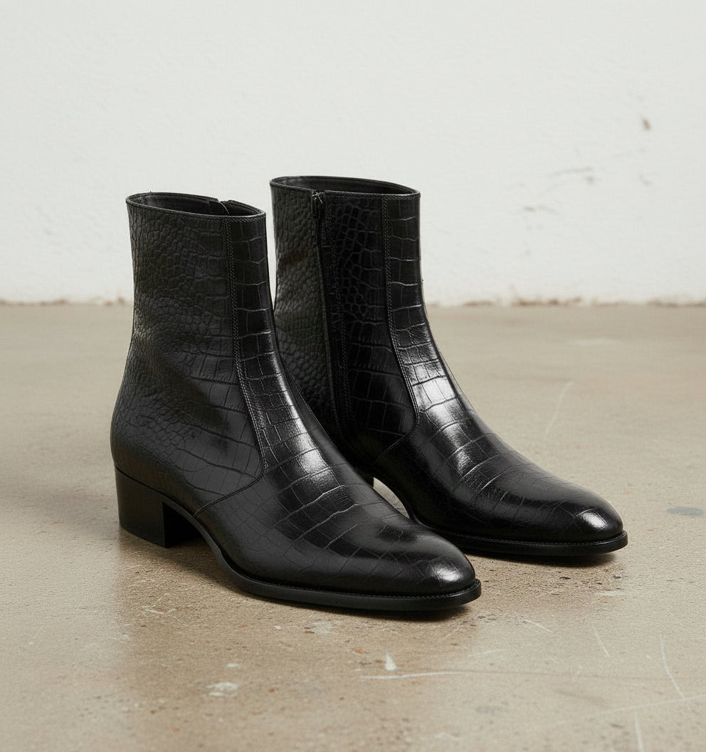 Men's Punk Black Crocodile Leather Zip Ankle Boots