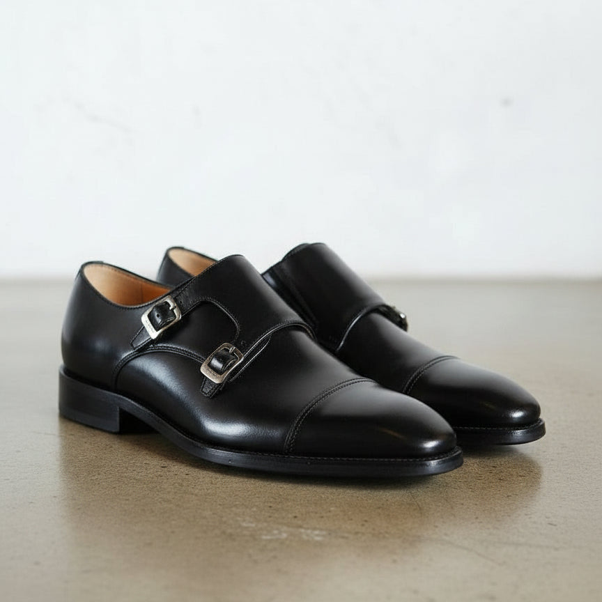 Men's Double Buckle Leather Monk Dress Shoes