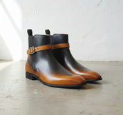 Handmade Men's Tan Black Leather Jodhpur Ankle Boots