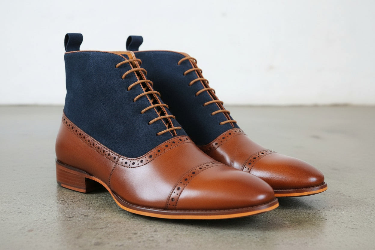 Handmade Men's Two Tone Oxford Brogue Ankle Boots