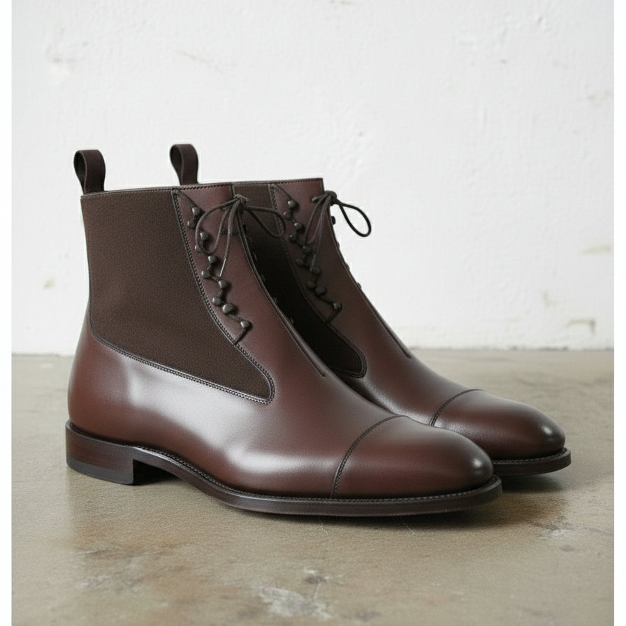 Handmade Men's Brown Leather Lace-up Ankle Boots