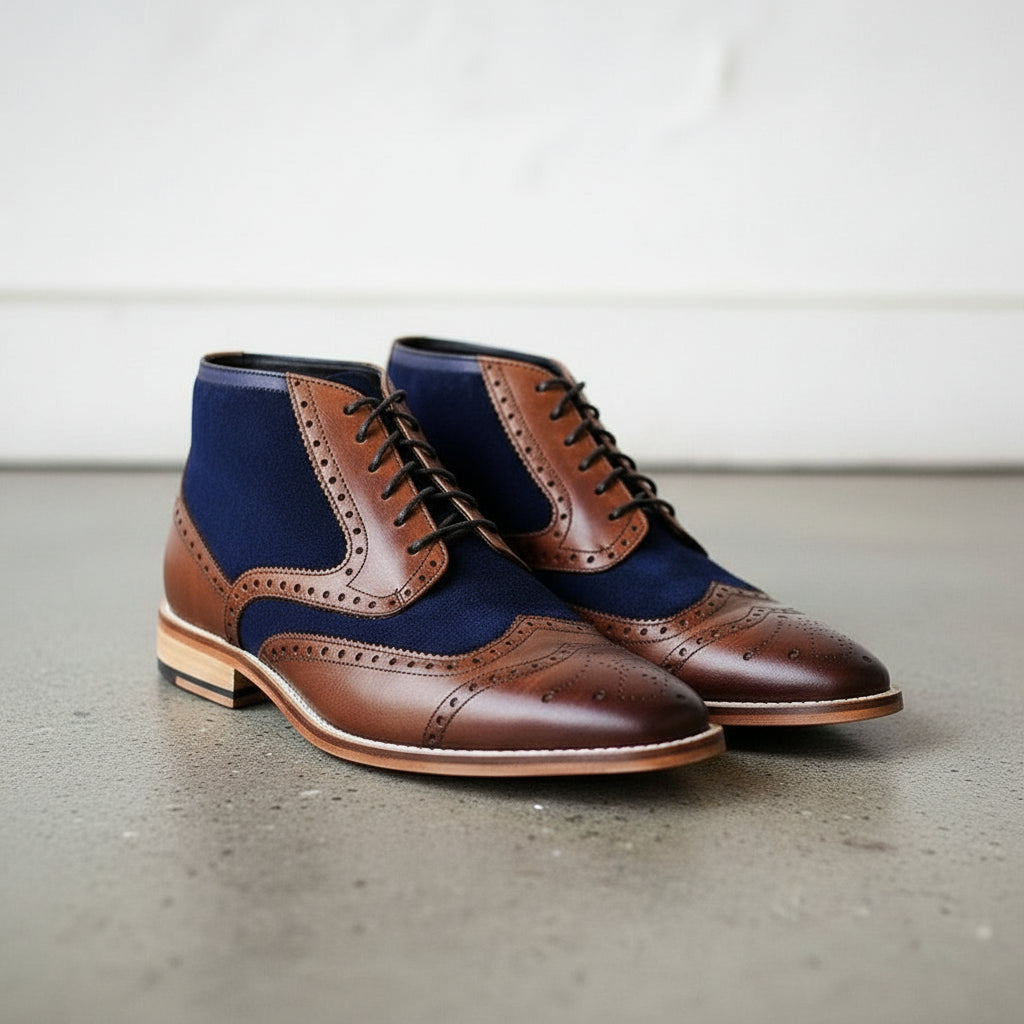 Handcrafted Men's Two-Tone Wingtip Brogue Ankle Boots