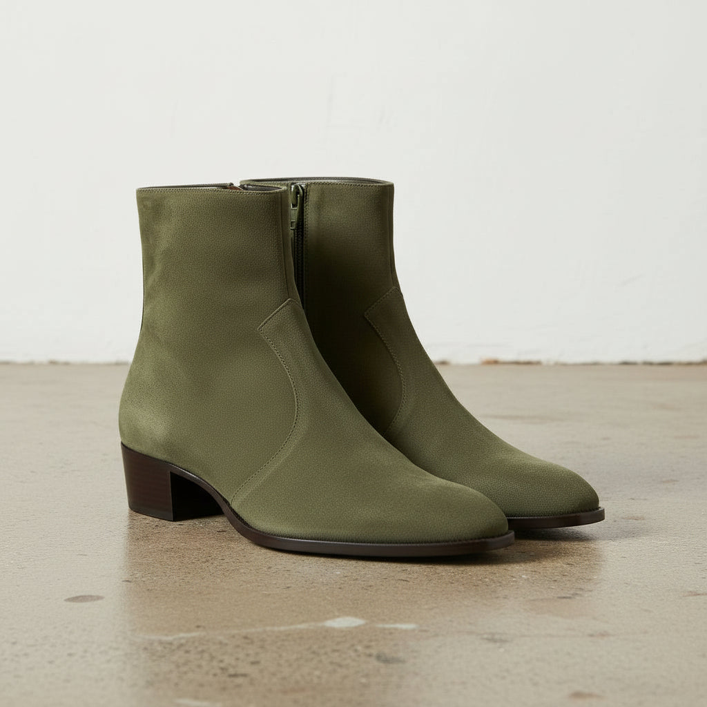 Men's Green Suede Ankle Boots with Zipper Closure
