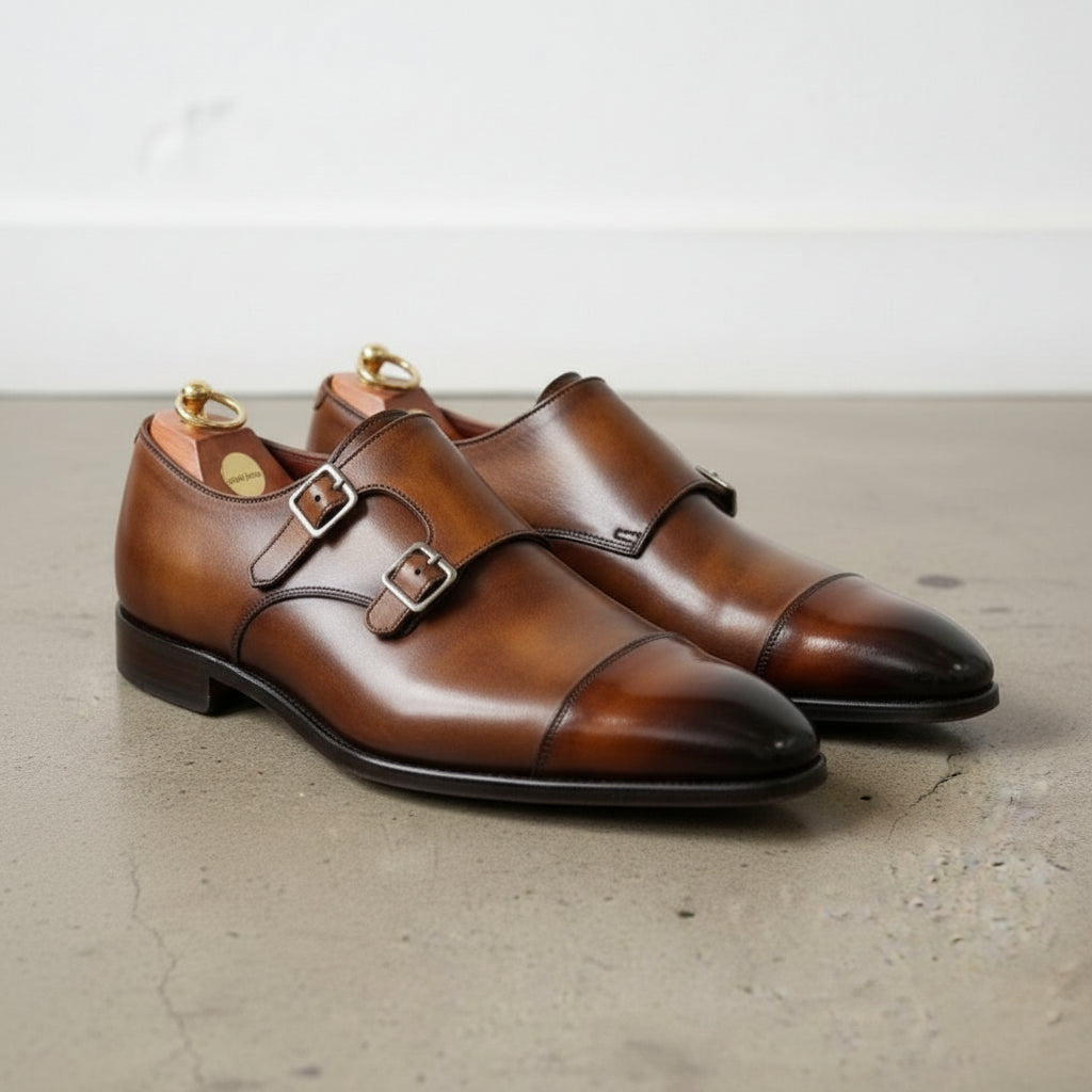 Handcrafted Men's Double Buckle Brown Oxford Shoes