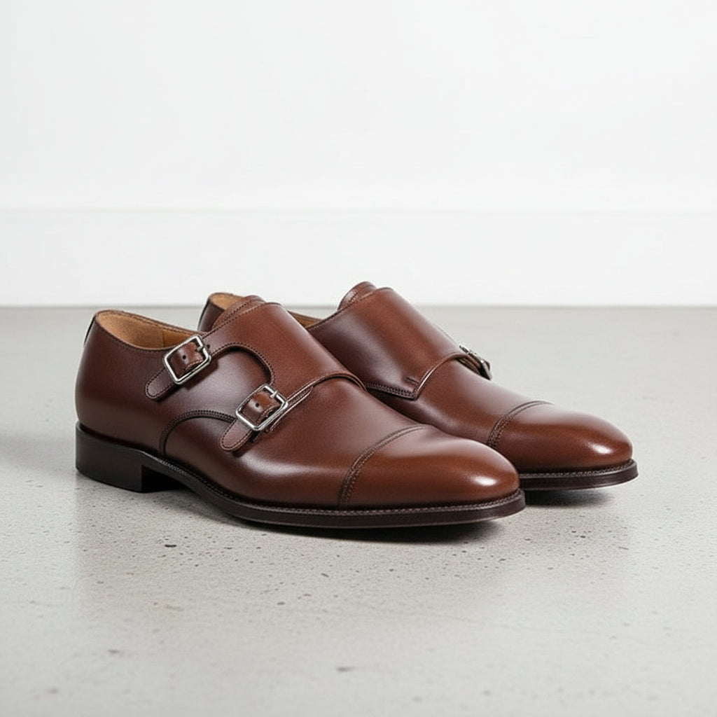 Handcrafted Men's Brown Leather Double Buckle Oxfords