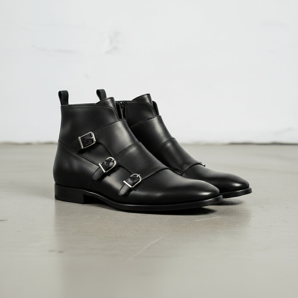 Handcrafted Men's Black Double Monk with Side Zipper Ankle Boots
