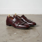 Handmade Men Brown Leather Double Monk Shoes with Fringes, Western Shoes