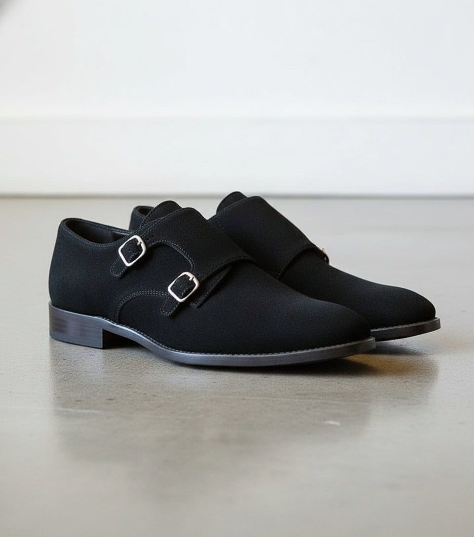 Men's Black Suede Double Monk Dress Shoes