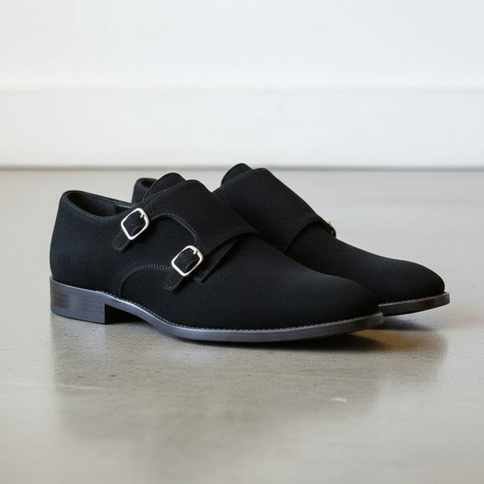 Men's Black Suede Double Monk Dress Shoes