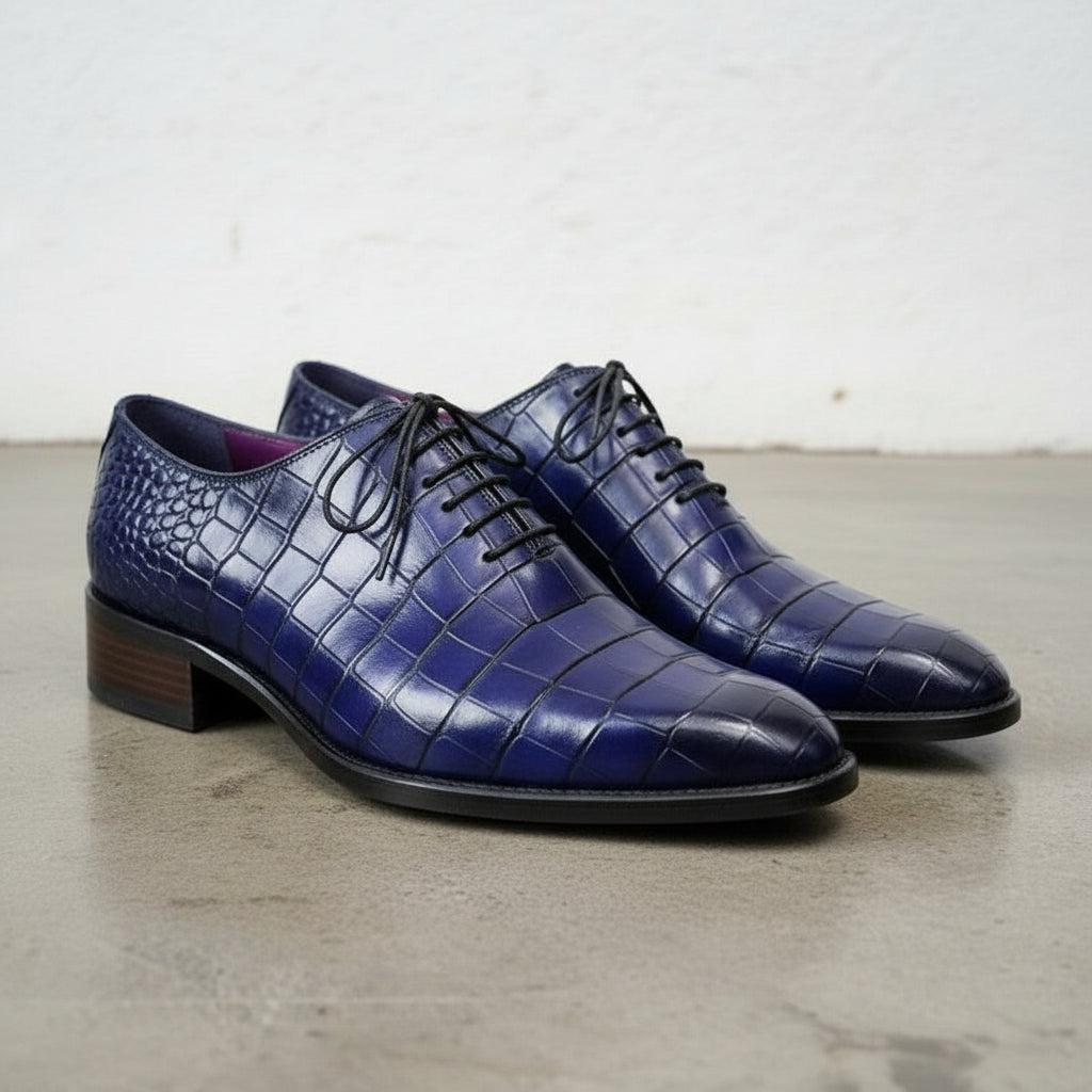 Handmade Men's Blue Crocodile Patterned Lace Up Dress Shoes
