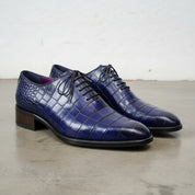 Handmade Men's Blue Crocodile Patterned Lace Up Dress Shoes