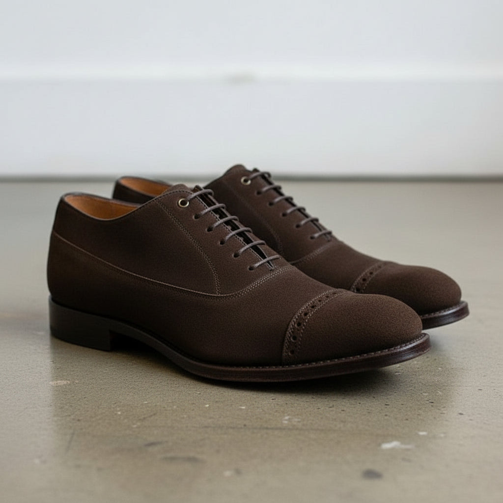 Handcrafted Men's Brown Suede Dress Shoes with Leather Sole