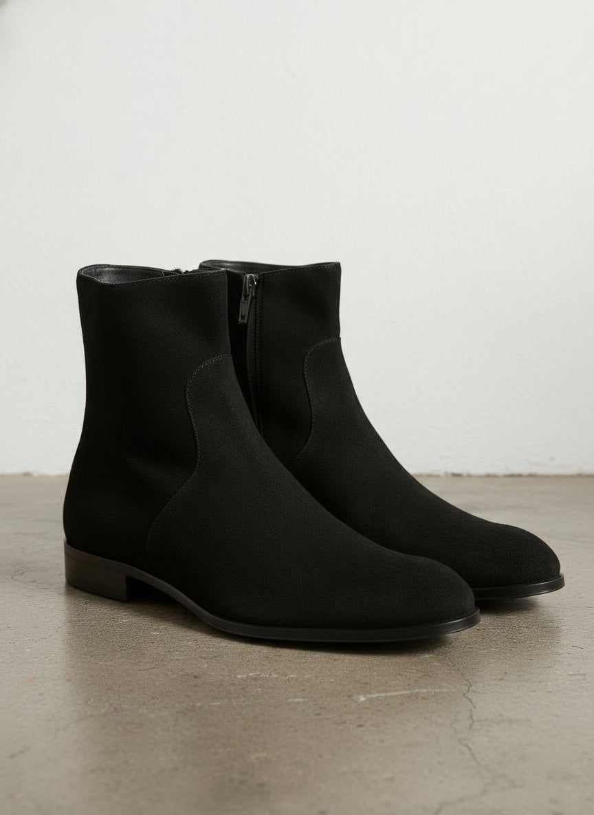 Handmade Men's Black Side Zipper Suede Leather Ankle Boots