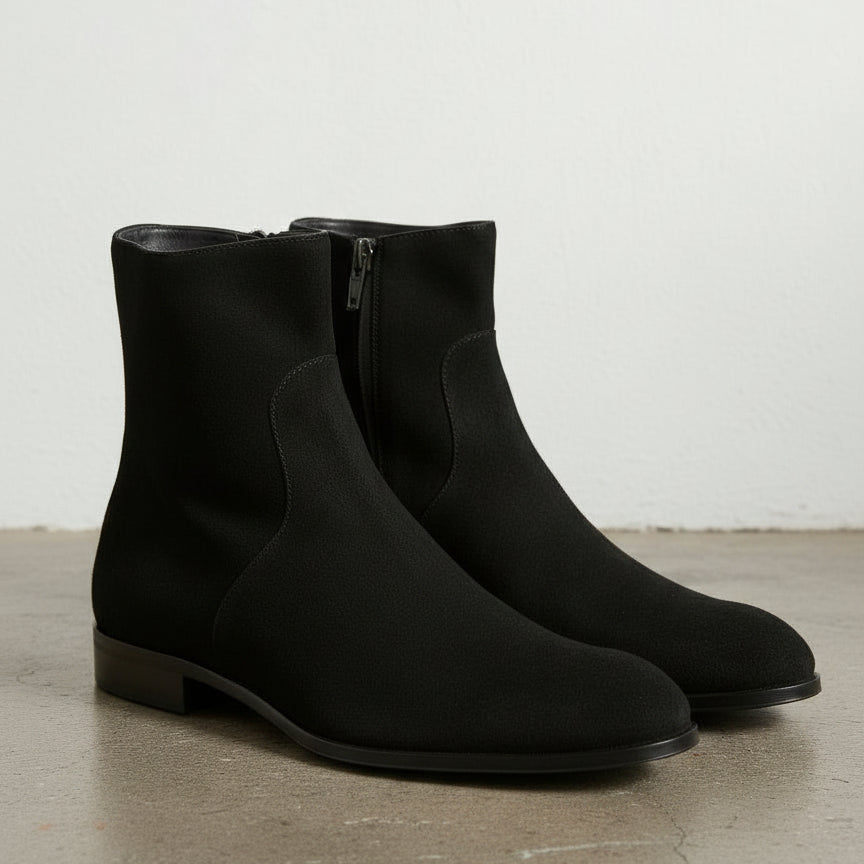 Handmade Men's Black Side Zipper Suede Leather Ankle Boots