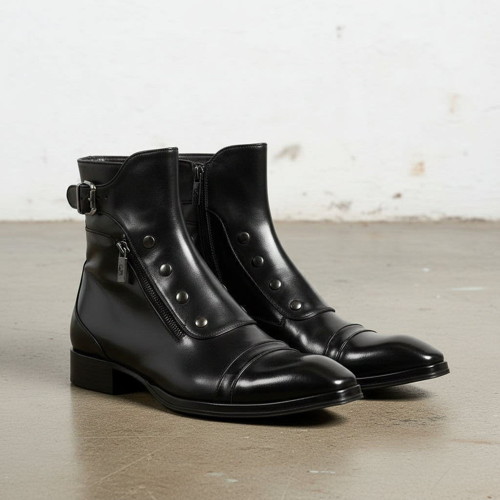Handcrafted Men’s Black Leather High Ankle Boots with Side Buttons, Zipper Closure & Strap Detail