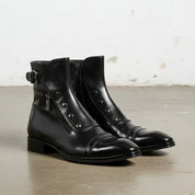 Handcrafted Men’s Black Leather High Ankle Boots with Side Buttons, Zipper Closure & Strap Detail
