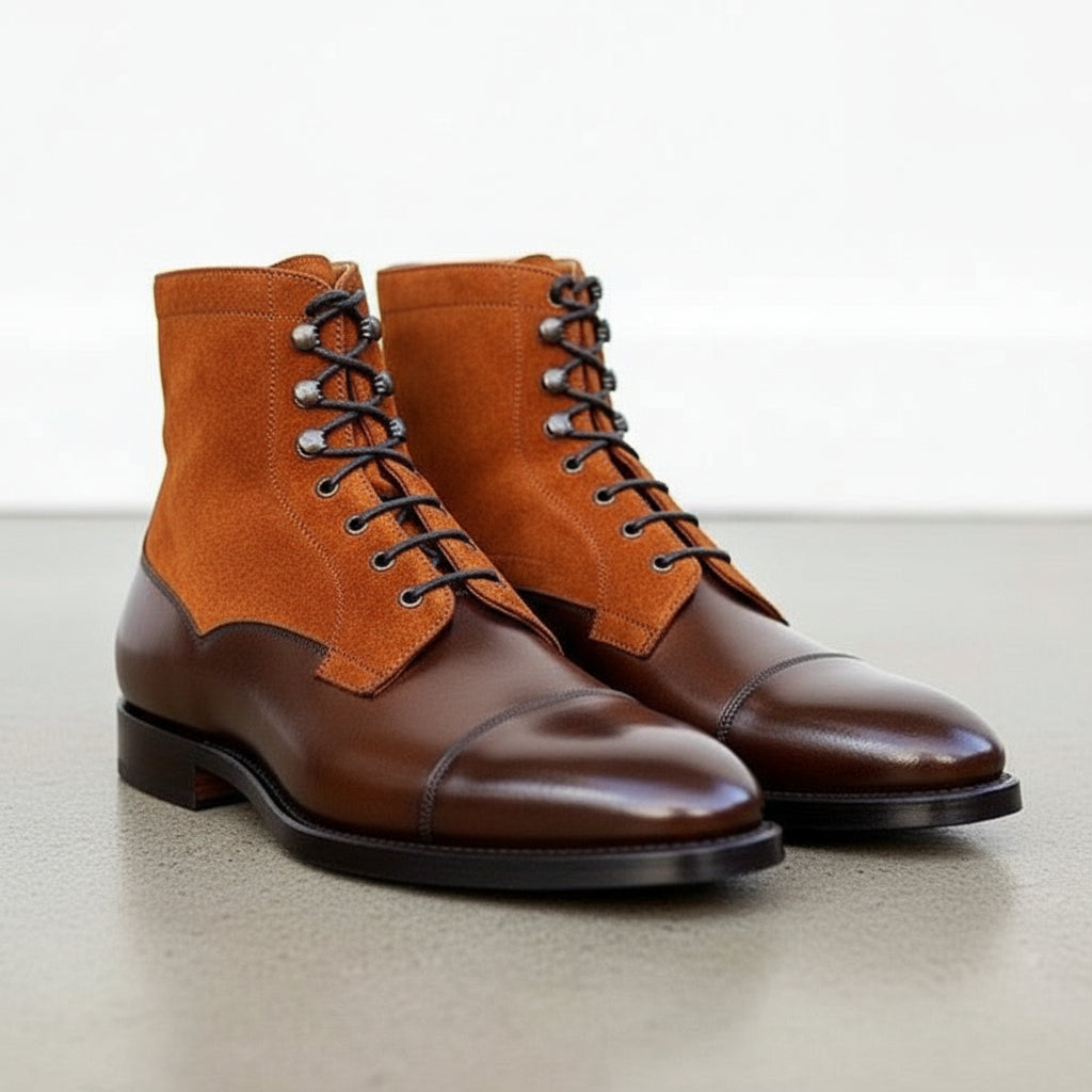 Handcrafted Brown Leather and Tan Suede Lace-up Ankle Boots for Men