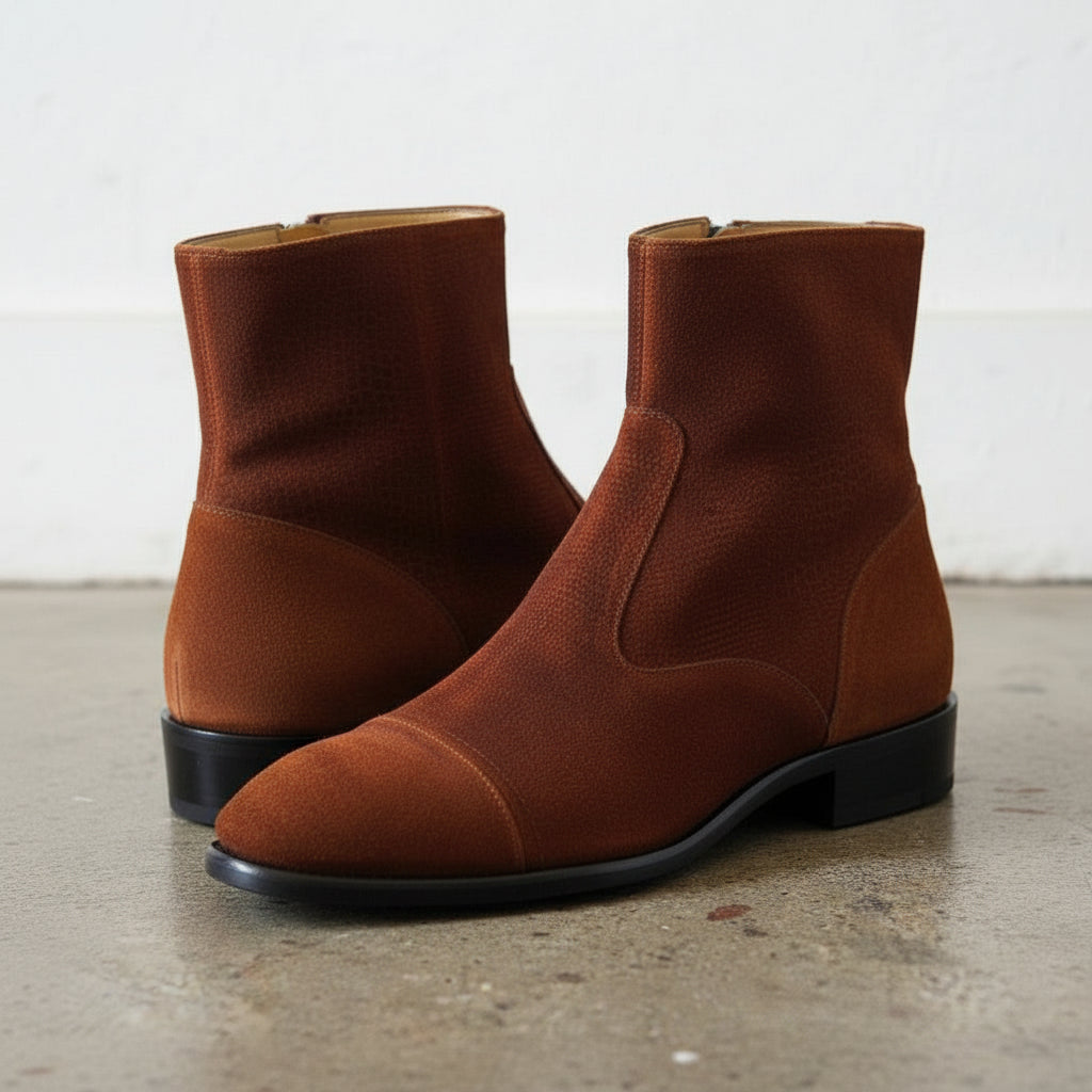 Handmade Men's Brown Cap Toe Ankle Boots with Side Zipper