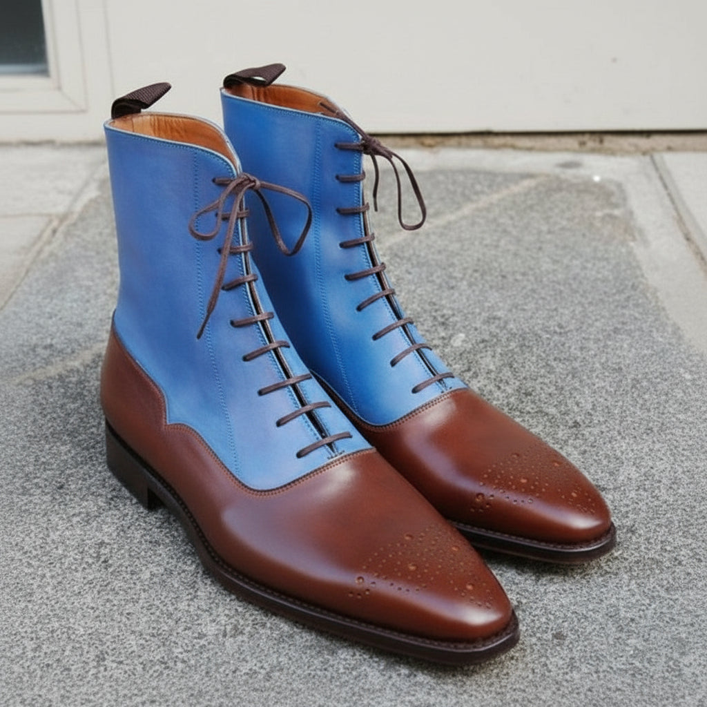 Handcrafted Men's Leather Two-Tone Lace-Up Ankle Boots