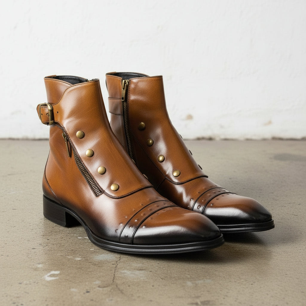Handmade Men's Dark Tan Leather High Ankle Strap Boots
