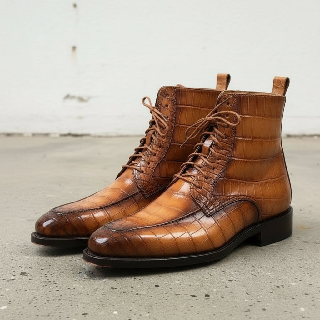 Handmade Men's Tan Brown Crocodile Leather Lace-up  Ankle Boots