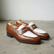 Handmade Men’s Two-Tone Leather Penny Loafers, Classic Style