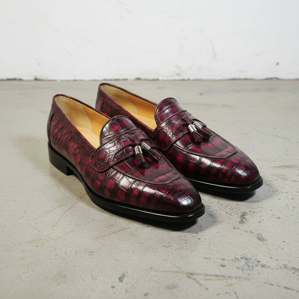 Handmade Men's Burgundy Crocodile Textured Leather Loafers -Slip-On Casual Shoes