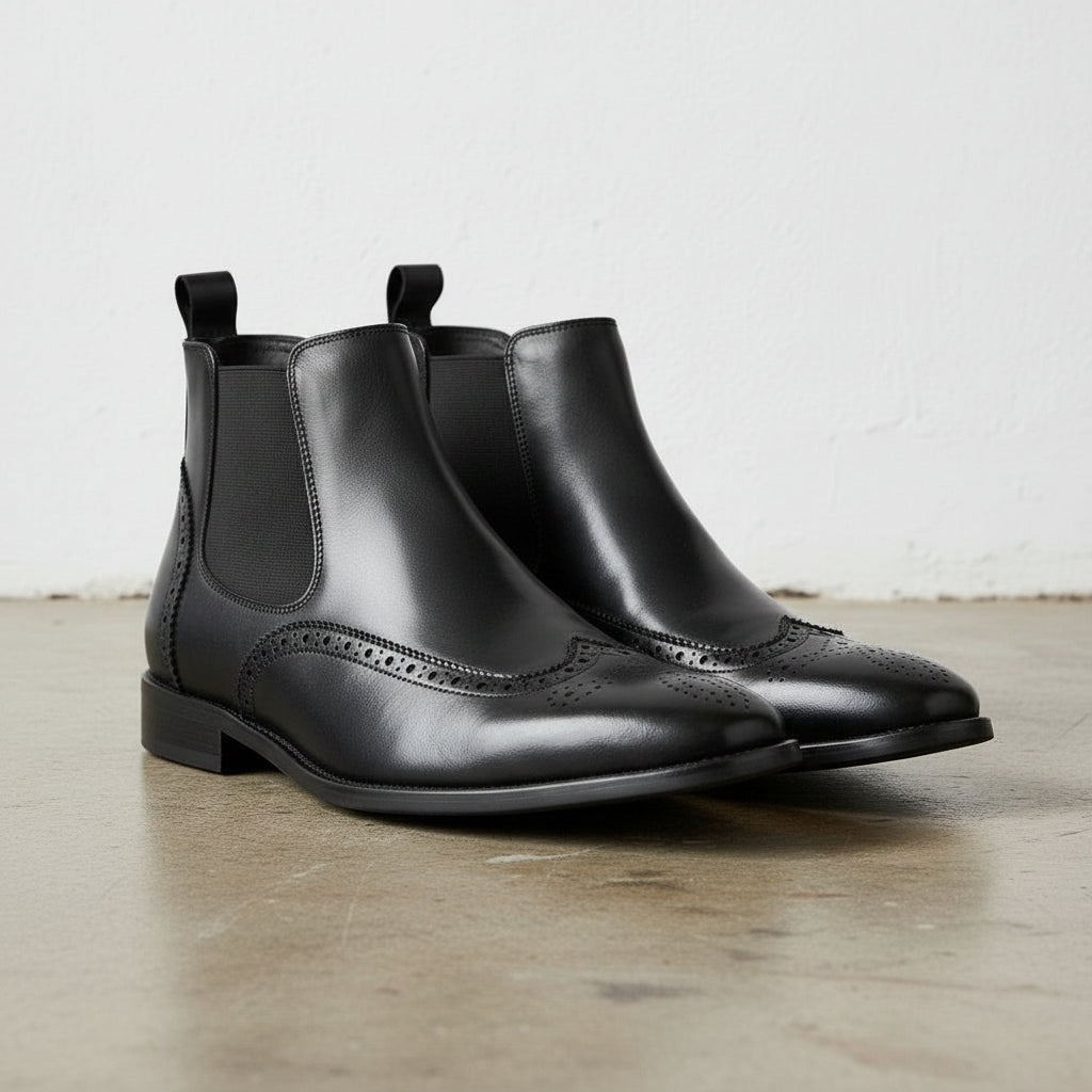Handmade Men's Full Grain Leather Wingtip Chelsea Boots