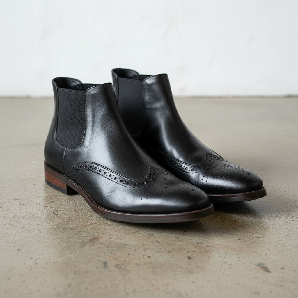 Handmade Men's Full Grain Leather Wingtip Chelsea Boots