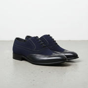 Handcrafted Men's Two-tone Wingtip Dress Shoes in Black and Blue Suede