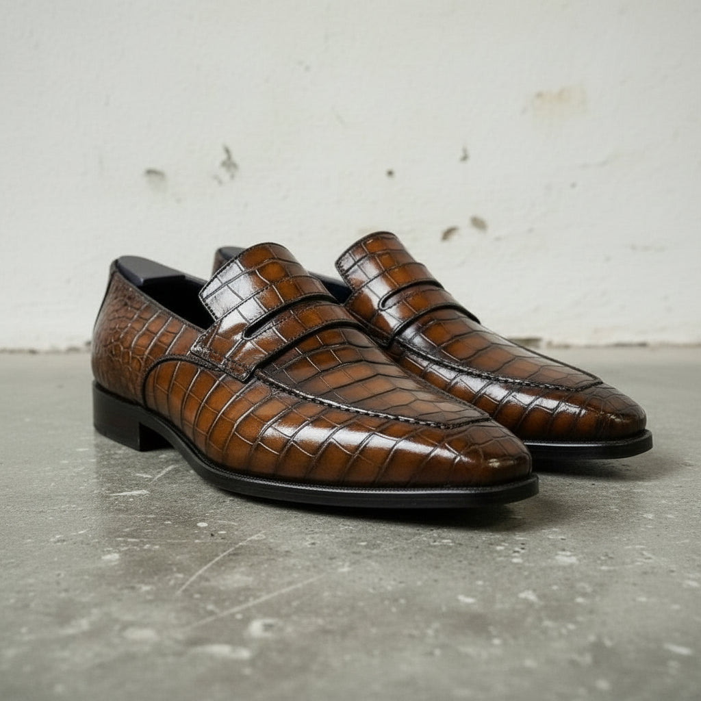 Men's Crocodile Embossed Leather Moccasins in Brown