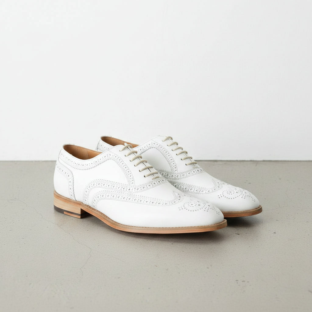 Handmade Men White Wing Tip Brogue Dress Shoes, Men White Party Shoes
