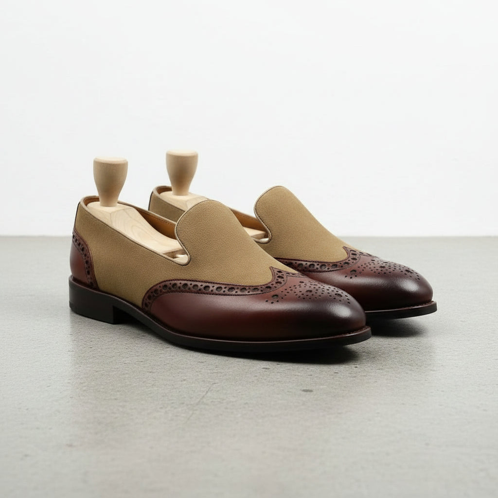 Handcrafted Two-tone Wingtip Moccasins in Suede and Leather