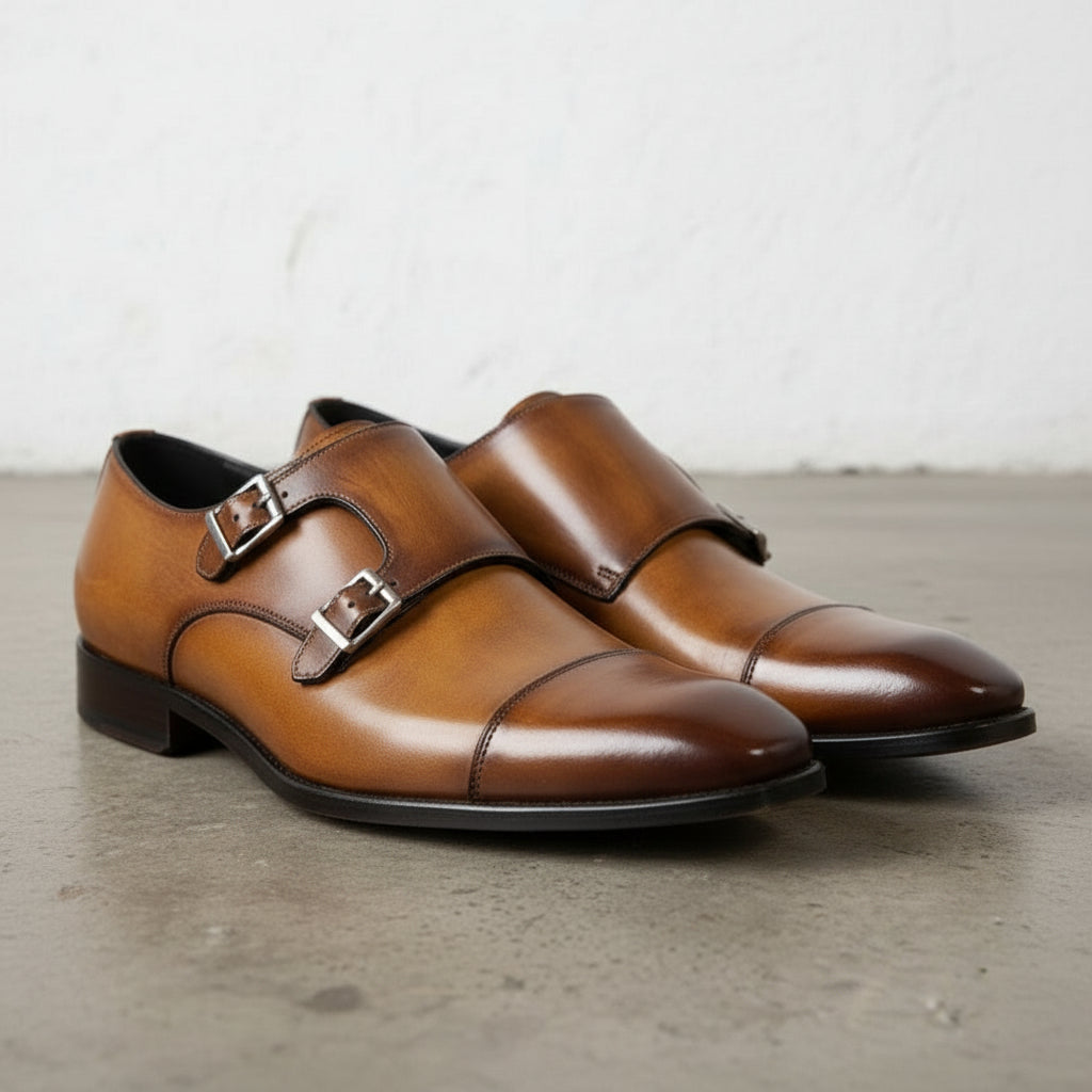 Handcrafted Men's Brown Double Buckle Dress Shoes