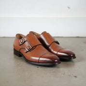 Handmade Men's Tan Brown Leather Double Monk Dress Shoes