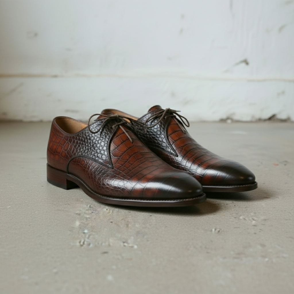 Brown Crocodile-Embossed Leather Derby Shoes — Brockett