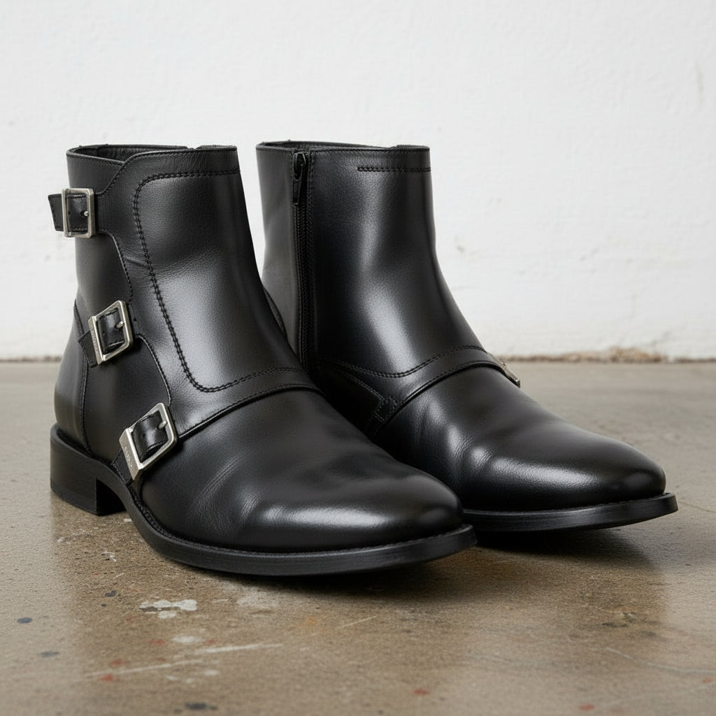 Handmade Men's Black Leather Triple Buckle Monk Ankle Boots