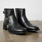 Handmade Men's Black Leather Triple Buckle Monk Ankle Boots