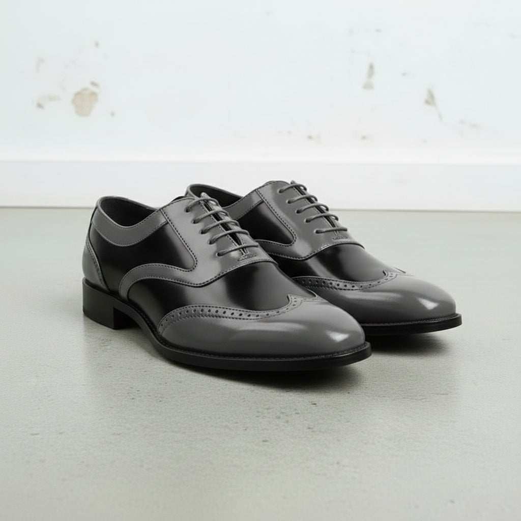 Handcrafted Black and Gray Wingtip Formal Leather Shoes