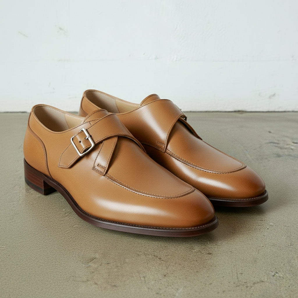 Men's Tan Apron-Toe Leather Monk Strap Shoes