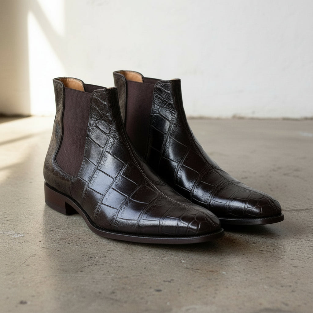 Men Crocodile Boots, Dark Brown Crocodile Texture Boots, Mens Boot