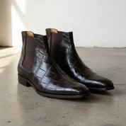 Men Crocodile Boots, Dark Brown Crocodile Texture Boots, Mens Boot