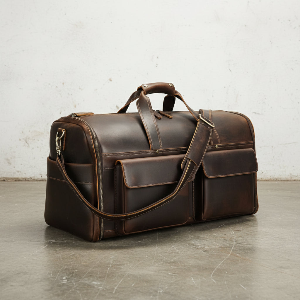 Full-Grain Leather Duffle Bag with Shoe Compartment