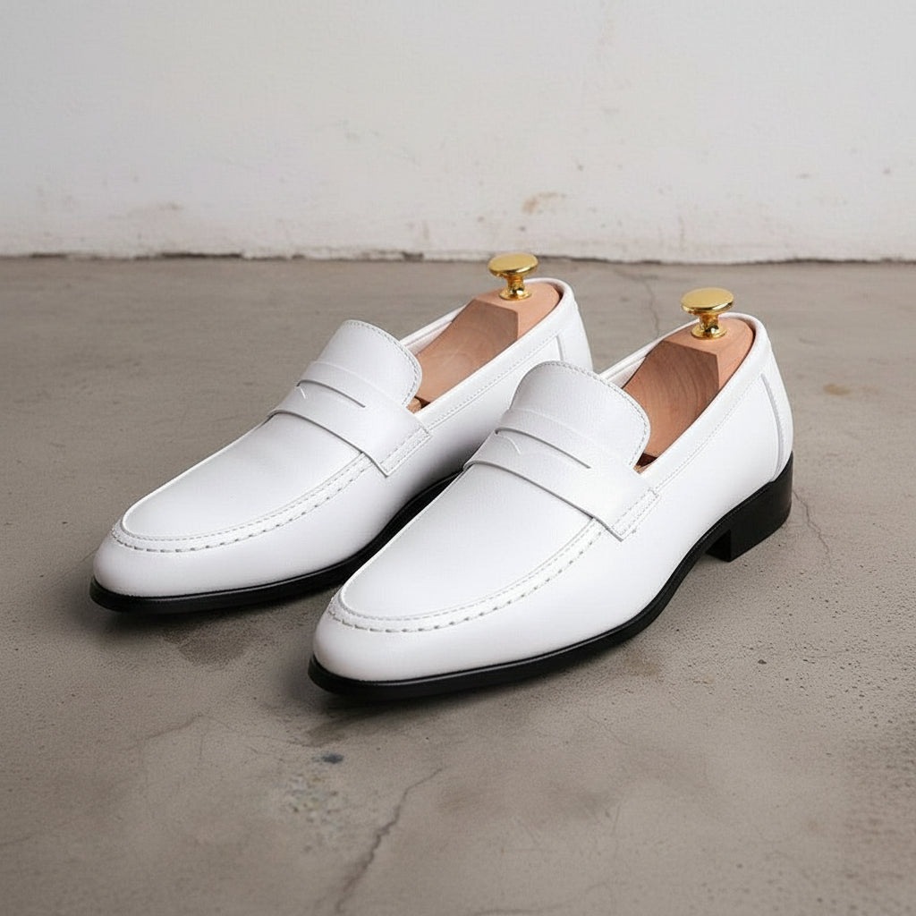 white and gold dress shoes mens Men's White Leather Penny Loafers - Byfield US 6.5 / White / D